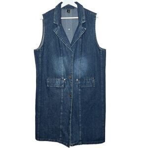 Vintage Longline Denim Vest Snap Front Notched Collar‎ Pockets